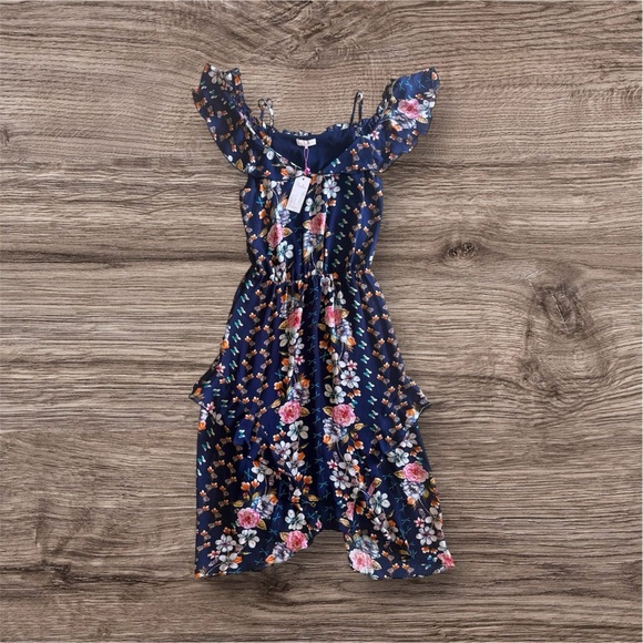 Parker dark blue background with floral print cold-shoulder ruffled sleeves  M - Picture 2 of 16